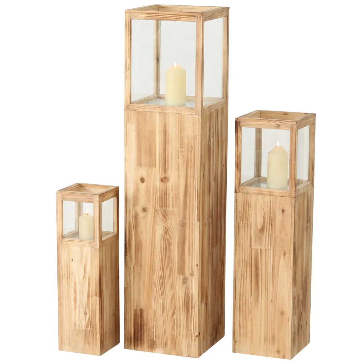 Deko Windlicht Elba, Holzturm mit Sichtscheibe aus Glas, Naturholz, 80cm, Boltze Home Collections