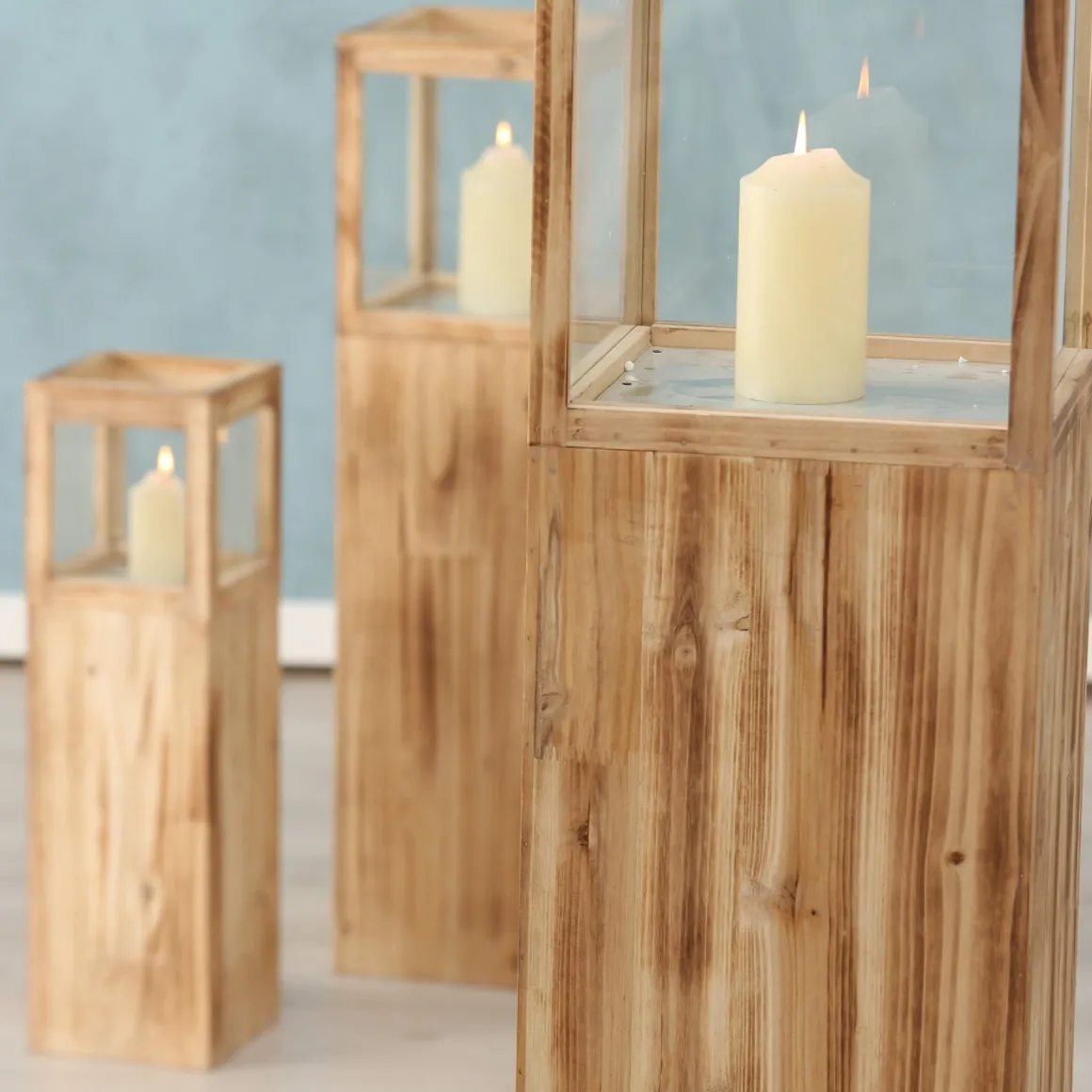 Deko Windlicht Elba, Holzturm mit Sichtscheibe aus Glas, Naturholz, 80cm, Boltze Home Collections