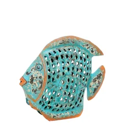 Deko Windlicht Fisch türkis used look, Metallfisch mit kleinem Türchen, 21x18cm