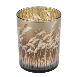 Deko Windlicht Gräser, Glaswindlicht mit Schilf-Motiv, durchscheinend, 17cm