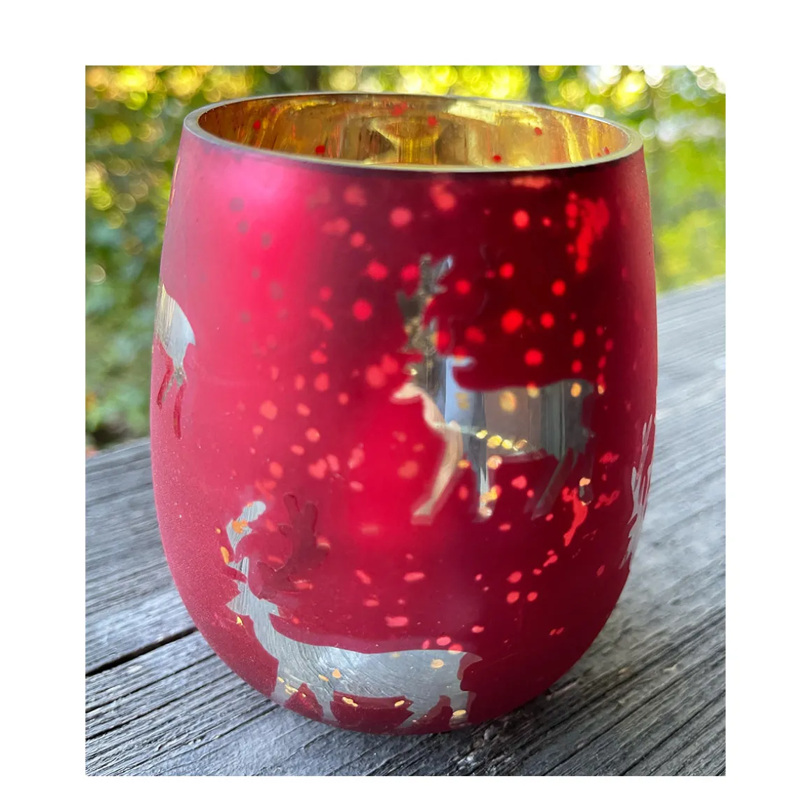 Deko Windlicht Hirsch, Glaswindlicht Flackereffekt, Innenbeschichtung gold, 10cm