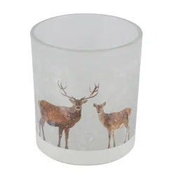 Deko Windlicht Hirsch und Reh im Schnee, Glaswindlicht Winter, 13cm