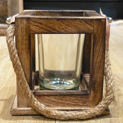Deko Windlicht Holz, Holzwindlicht, Windlicht mit Jutekordel und Leder, 11x11cm