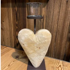 Deko Windlicht Holzherz sägerau, Naturholz-Herz auf Metallfuß, 24cm, WMG Grünberger