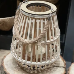 Deko Windlicht Rattan natur, Korbwindlicht Boho mit Henkel, 31cm