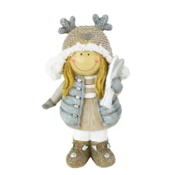 Deko Winterkind Mädchen mit Ski, Skifahrerin mit Mütze, 14cm