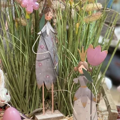 Deko Blumenmädchen mit Blume, Blumenkönigin creme und grau, 36x12cm, Metall, Set/2