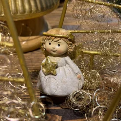 Deko Engel Lilian, kleiner putziger Weihnachtsengel mit goldenem Stern oder Herz, 7cm