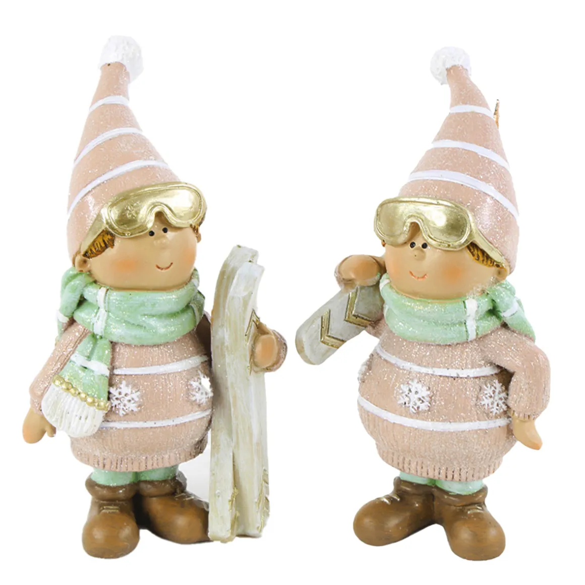 Dekofigur Skifahrer mit Skibrille, Winterkind mit Ski und Riesenpulli, 12cm