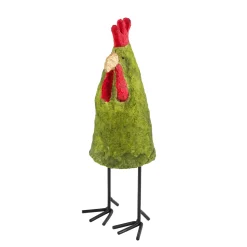 Deko Hahn auf Metallfüße, grüner schlanker Hahn aus Pappmache, 25cm