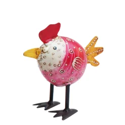 Deko Hahn eiform, kleiner Metallhahn pink mit orangem Schweif, 9x10cm