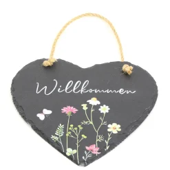 Deko Herz Willkommen, Schieferherz mit Blumen und Schmetterling, 20x20cm