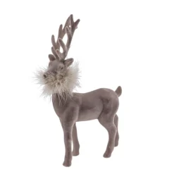 Deko Hirsch mit Federboa, großer grauer Hirsch, samtig beflockt, 45cm