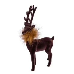 Deko Hirsch mit Federboa, großer brauner Hirsch, samtig beflockt, 45cm