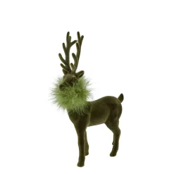 Deko Hirsch mit Federboa, olivgrüner Hirsch, samtig beflockt, 28cm