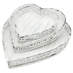 Deko Tablett Herz weiß, Metallschale mit Muster - used look, 22x23x4cm