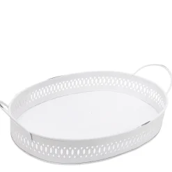 Deko Tablett weiß durchbrochen, Metalltablett mit Henkel - used look, 38x24x8cm