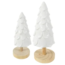 Deko Tannenbaum, weißer Keramikbaum auf Holzfuß, 22cm
