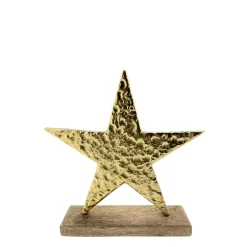 Deko Weihnachtsstern gold beschlagen, Metallstern mit deutlichem Relief auf Holzsockel, 18x19cm, Aufsteller