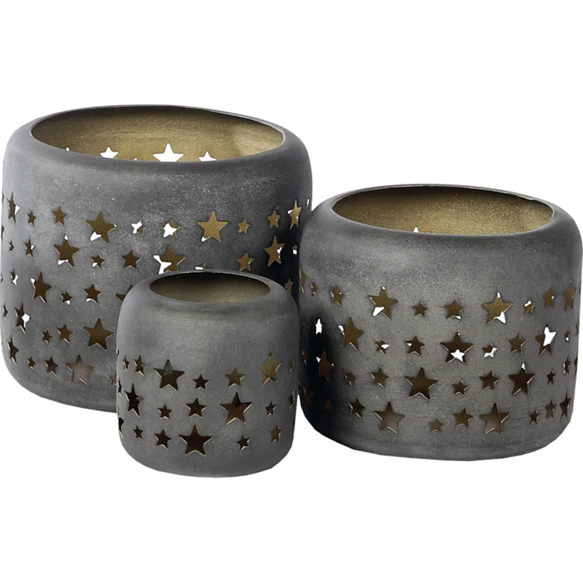 Deko Windlicht Weihnachtssterne Antik grau-gold, Metallwindlicht durchscheinend, 15cm, WMG Grünberger