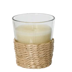 Duftkerze Citronella im Glas, Duftkerze creme im Bastkorb, outdoor, 7x7cm