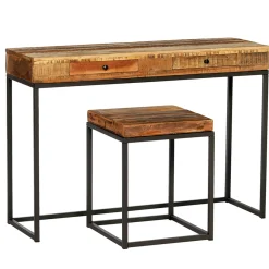 Eisen-Naturholz Konsole Victoria, rustikale Altholz Konsole mit 2 Schubladen auf Eisengestell, 75x11