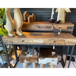 Eisen-Naturholz Konsole Victoria, rustikale Altholz Konsole mit 2 Schubladen auf Eisengestell, 75x11