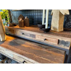 Eisen-Naturholz Konsole Victoria, rustikale Altholz Konsole mit 2 Schubladen auf Eisengestell, 75x11