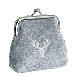 Geldbeutel Hirsch, Portemonnaie aus Filz mit Hirsch, Klippverschluß, helles grau, 10x10cm, Gilde Handwerk