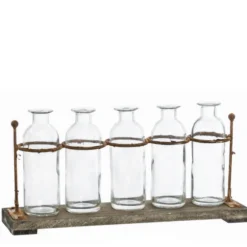 Glas Blumenvasen im Gestell, Eisengestell mit 5 Glasvasen, Rost used look, 39cmx19cm