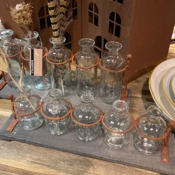 Glas Blumenvasen im Gestell, Eisengestell mit 5 Glasvasen, Rost used look, 39cmx19cm