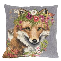 Gobelin Kissen Fuchs, Fuchs mit Blumen und Marder, 45x45cm, Mars & More