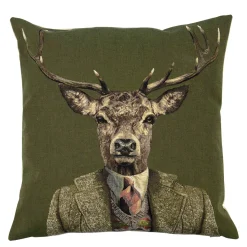 Gobelin Kissen Hirsch, Hirsch mit Jacke und Krawatte, grün , 45x45cm, Mars & More