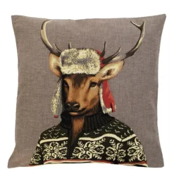 Gobelin Kissen Hirsch, Nordic Hirsch mit Fliegermütze, 45x45cm, Mars & More