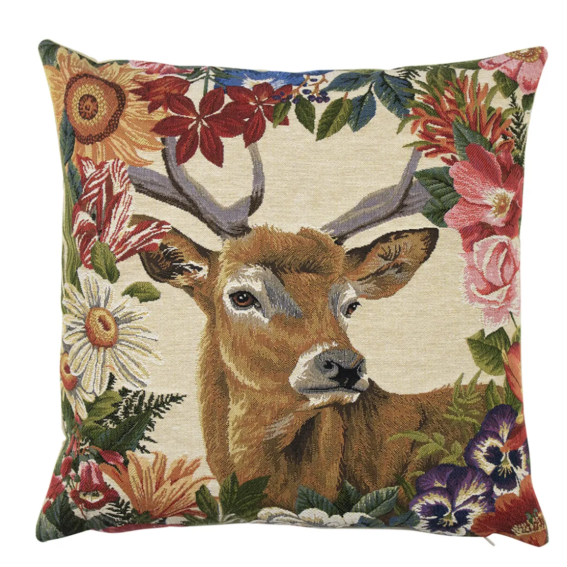 Gobelin Kissen Hirsch Stürmer, Rotwild Hirsch mit Blumen, 45x45cm, Mars & More