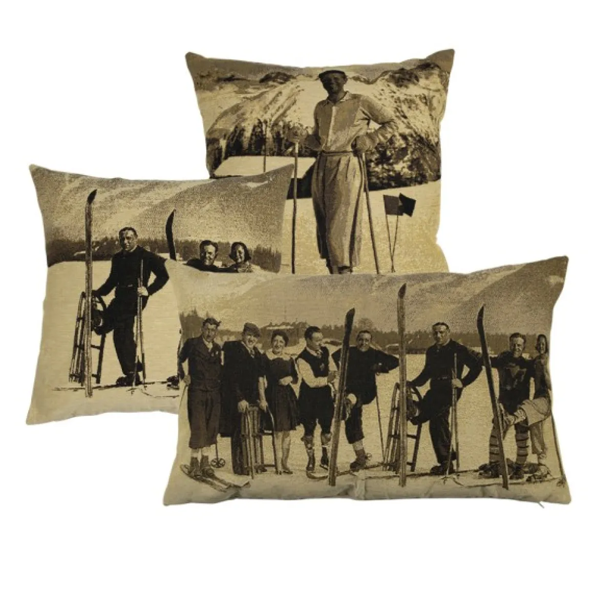 Gobelin Kissen Skifahrer Nostalgie, Skifahrergruppe, Sepia, 45x45cm, Mars & More