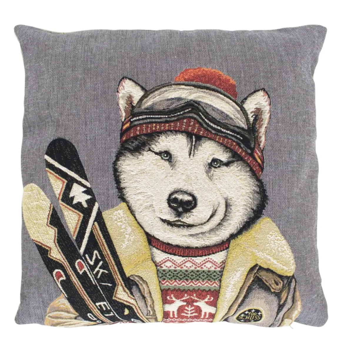 Gobelin Kissen Skifreunde Hund Husky, Husky in Skikleidung und Ski, 45x45cm, Mars & More