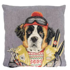 Gobelin Kissen Skifreunde Hund, Bernhardiner in Skikleidung und Ski, 45x45cm, Mars & More