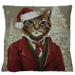 Gobelin Kissen Weihnachtskatze, Katze im Anzug und Mütze, 45x45cm, Mars & More