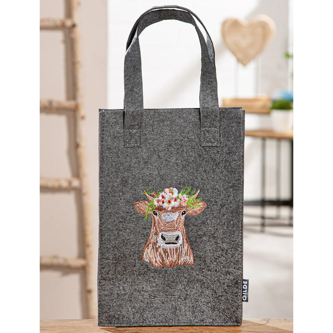 Henkeltasche Kuh Adelheid, Filztasche mit Henkel und Kuhmotiv bestickt, 30x20cm, Gilde