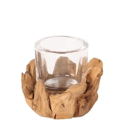 Holz Windlicht Teak, kleines rustikales Windlicht aus Naturholz, 12cm, WMG Grünberger