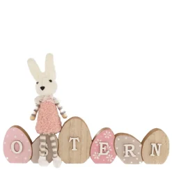 Holzaufsteller Ostern mit Osterhase, Schriftzug Ostern mit Ostereier und Plüschhase, 30cm, DIJk Natu