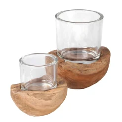 Holz Windlicht Teak unfinish, Glaszylinder auf Holzsockel, 14cm, WMG Grünberger