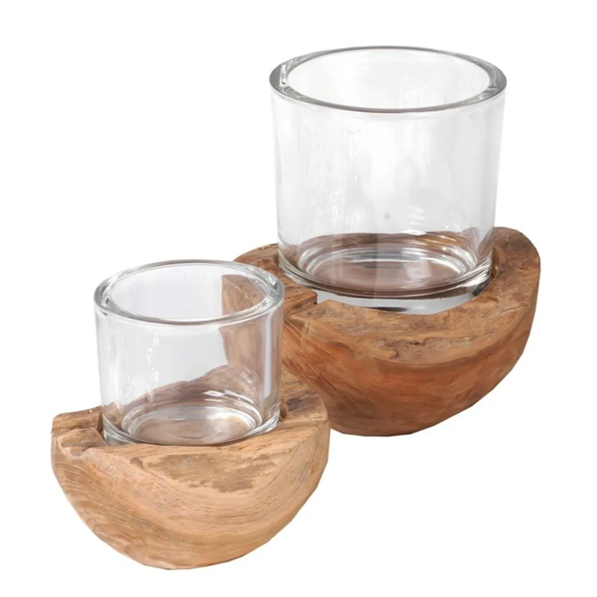 Holz Windlicht Teak unfinish, Glaszylinder auf Holzsockel, 14cm, WMG Grünberger