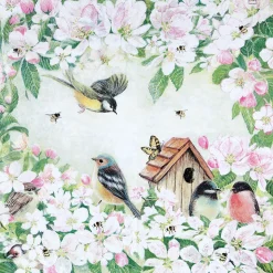 Home Fashion Papierservietten Frühling, Vögel, Bienen und Schmetterlinge auf Blüten, 25x25cm