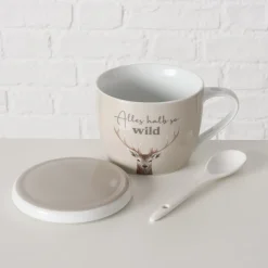 Jumbobecher Hirsch, Porzellanbecher mit Henkel, Deckel und Löffel, Alles halb so wild, Boltze Home Collections