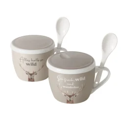 Jumbobecher Hirsch, Porzellanbecher mit Henkel, Deckel und Löffel, Alles halb so wild, Boltze Home Collections