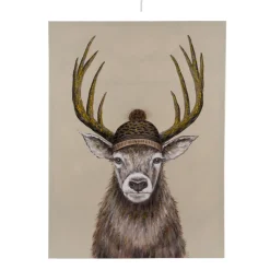 Kanevasbild Hirsch, Leinwandbild Winterhirsch mit Pudelmütze, 60x80cm