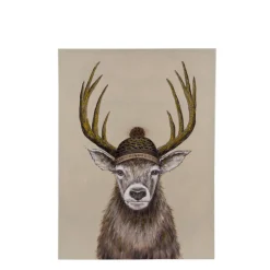 Kanevasbild Hirsch, Leinwandbild Winterhirsch mit Pudelmütze, 40x60cm