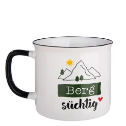 Keramik Becher Berg, Henkelbecher mit Spruch: Bergsüchtig, Emailledesign, 390ml, Gilde